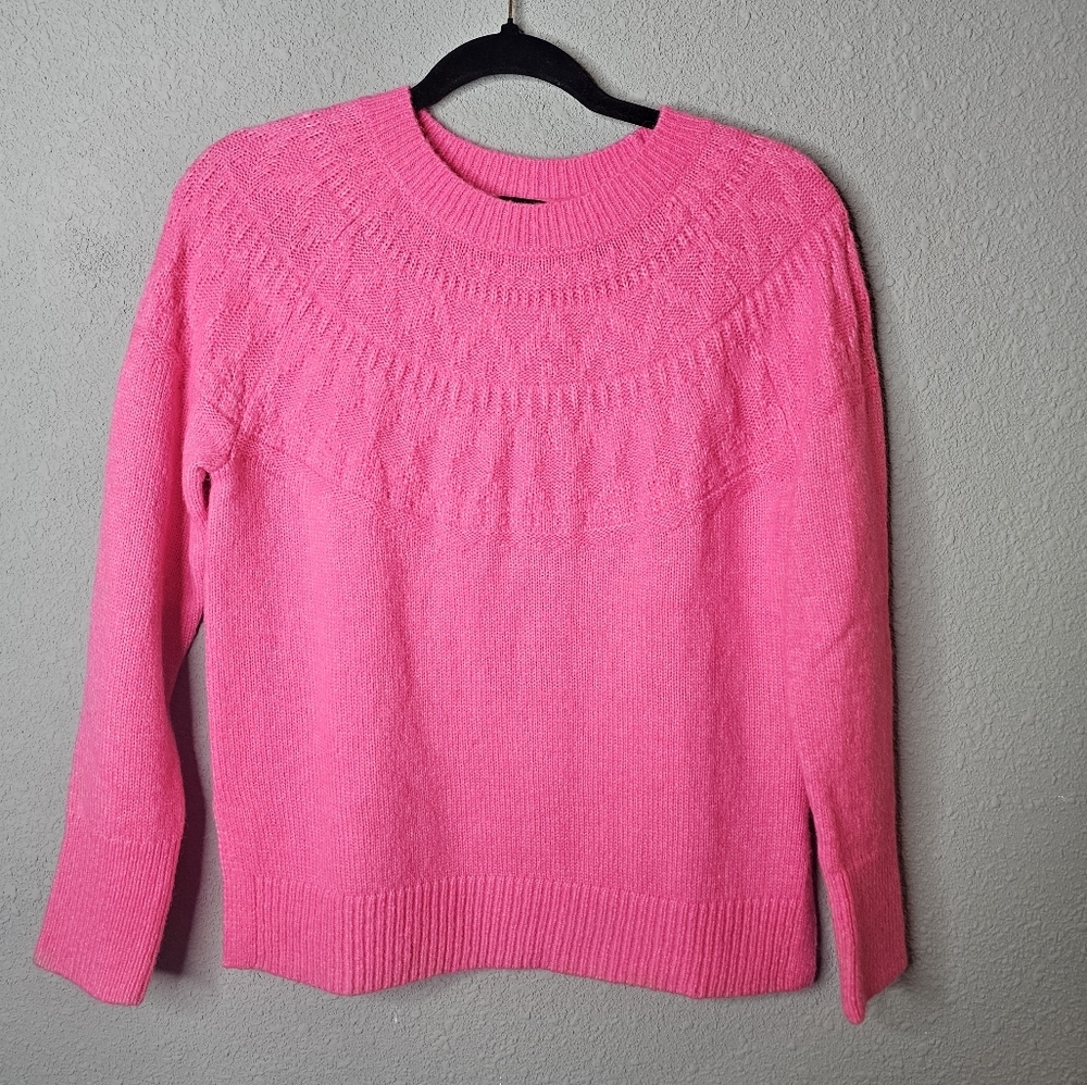 Talbots Petite Hot Pink Textured Yoke Crewneck Sweater Wool Blend PXS Fair Isle‎